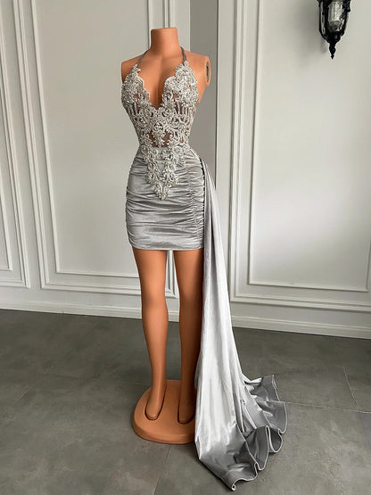 New Arrival V-neck Sheer Beaded Embroidery Women Birthday Party Gowns Silver Velvet Sequined Black