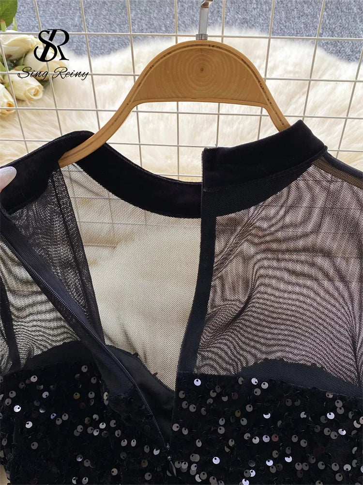 SINGREINY Autumn Luxury Sequins Party Dress Women Stand Collar Fur Long Sleeves Shiny Slim Bodycon Sheer Short Sexy Dress