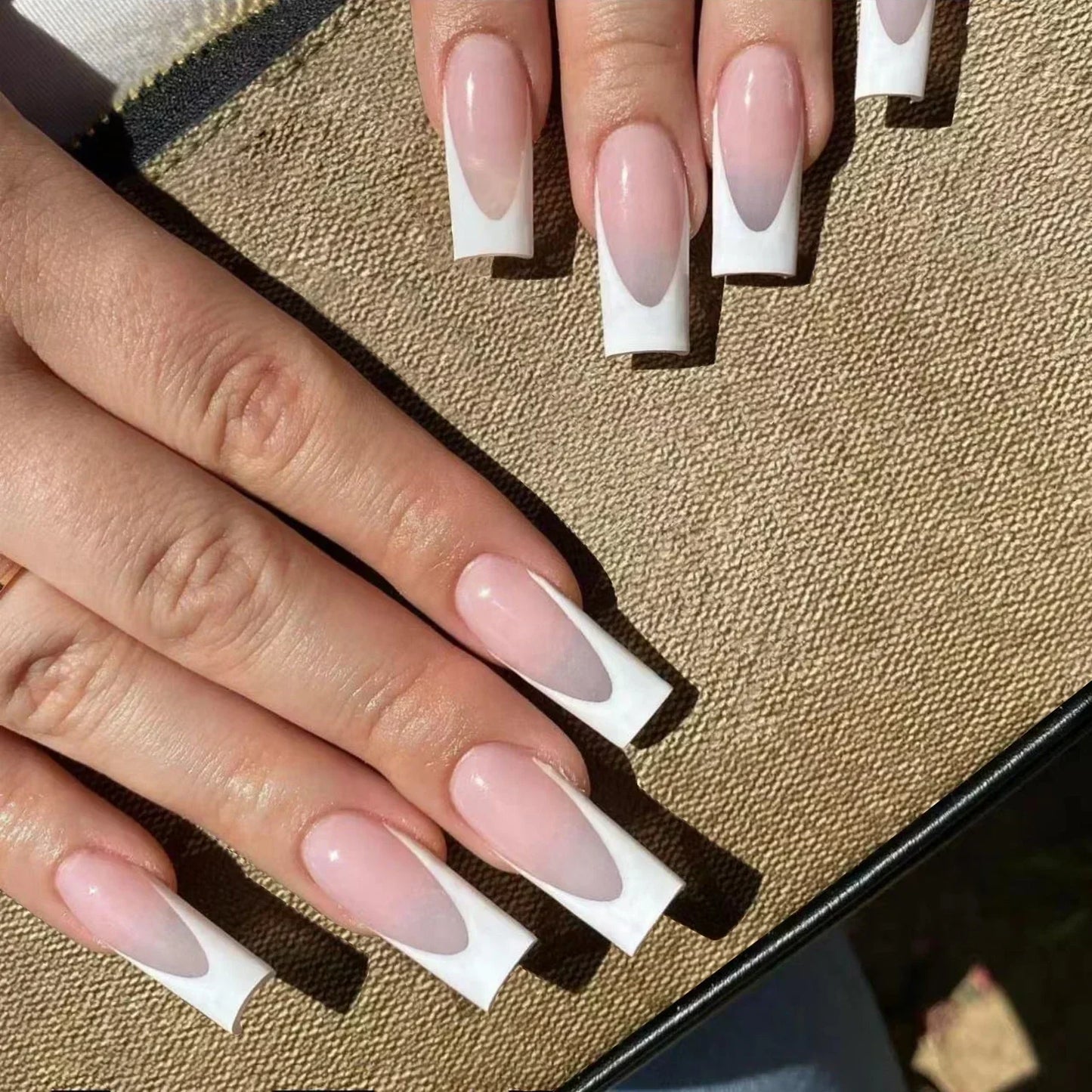 24Pcs Long Ballerina False Nails Press on Nails Serpentine Flower with Rhinestones French Fake Nails Wearable White Nail Tips