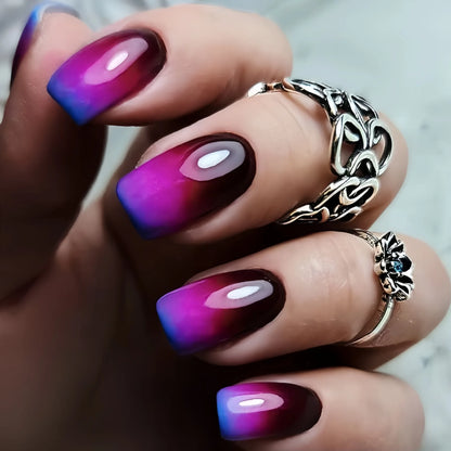 24pcs/set short square Glossy Medium Ballerina Fake Nails jellyfish blue sea wave flowers geometric design press on false nail