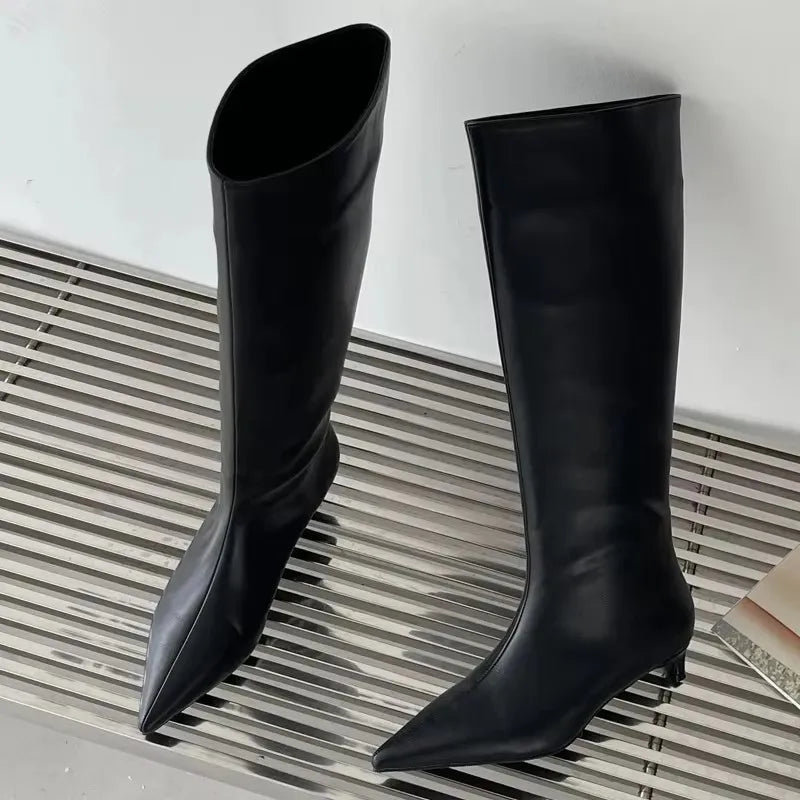 High Quality Soft Leather Pointed Toe Knee-High Boots Woman Cosy Slip-On Low Heels