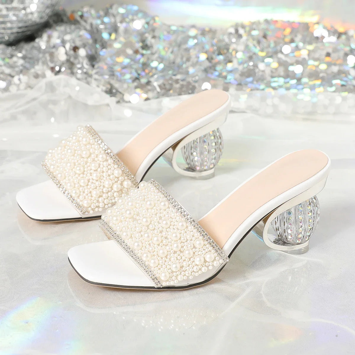 Aneikeh White Pearl Shiny Sandals Slippers Women Transparent Thick Bottom Party Dress Mules High Heels 2025 Summer heeled Beach