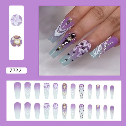 24pcs Artifical Fake Nails Long Coffin French Ballerina Wearable False Nail Tips Finished Rhinstones Flower Design Press on Nail