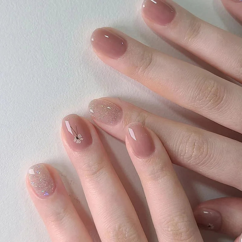 24Pcs Wearable French Fake Nails with Glue Simple Square False Nail Pink Short Detachable Press on Nail Tips Nude Manicure