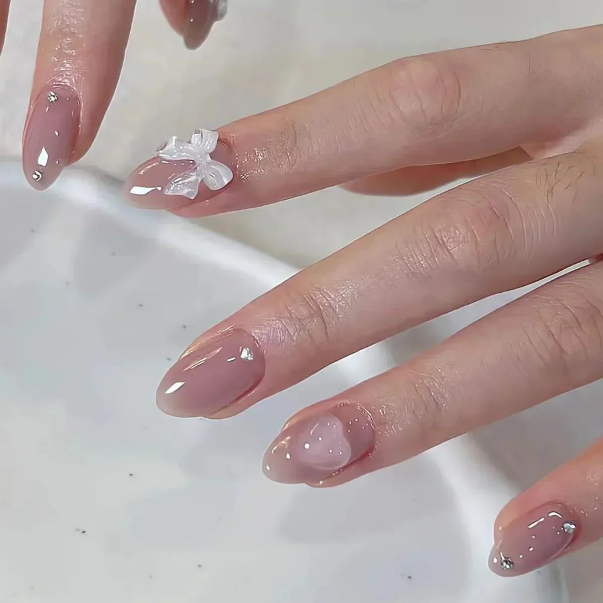 24Pcs Pink Almond French Press on Nails With 3D Bow ripple charms Design Fake Nails Ballerina False Nails Full Cover Nail Tips