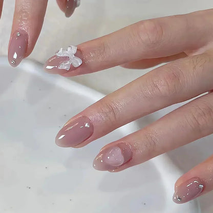 24Pcs Pink Almond French Press on Nails With 3D Bow ripple charms Design Fake Nails Ballerina False Nails Full Cover Nail Tips