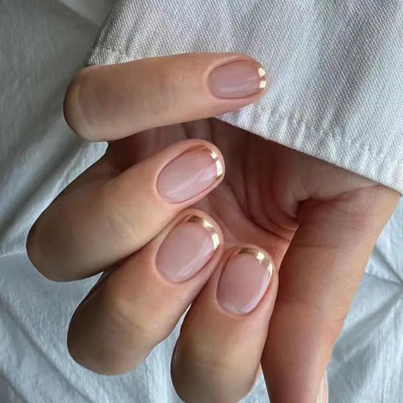 24Pcs Short Square Nude Fake Nails Art White Edge Glossy Artificial French False Nails Removable Full Cover Press on Nail Tips