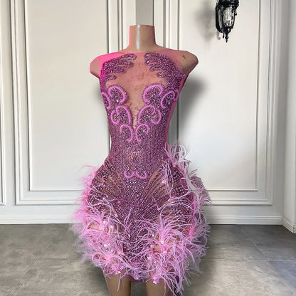 Stunning Sparkly Luxury Diamond Women Birthday Party Cocktail Gowns Sexy Sheer Pink Feather Mini