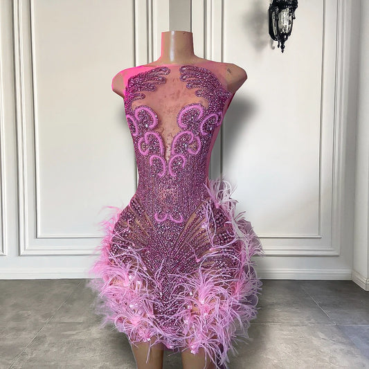 Stunning Sparkly Luxury Diamond Women Birthday Party Cocktail Gowns Sexy Sheer Pink Feather Mini