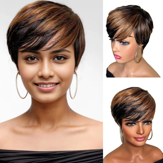 Ombre Color Short Layered Pixie Cut Human Hair Wigs With Bangs,Full Machine Made For Black Women Honey Blonde Wig 1B/27