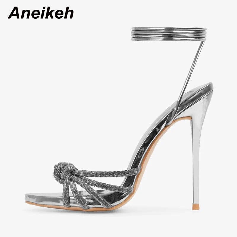 Aneikeh 2025 New Fashion Concise Square Open Toe Narrow Band Ankle Cross-Tied Thin High Heel