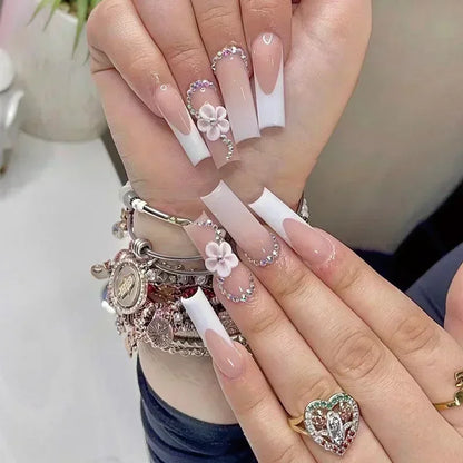 24Pcs False Nails Long Coffin Ballet French with Rhinestones Wearable Fake Nails Blue Flower Full Cover Press on Nails Tips Art