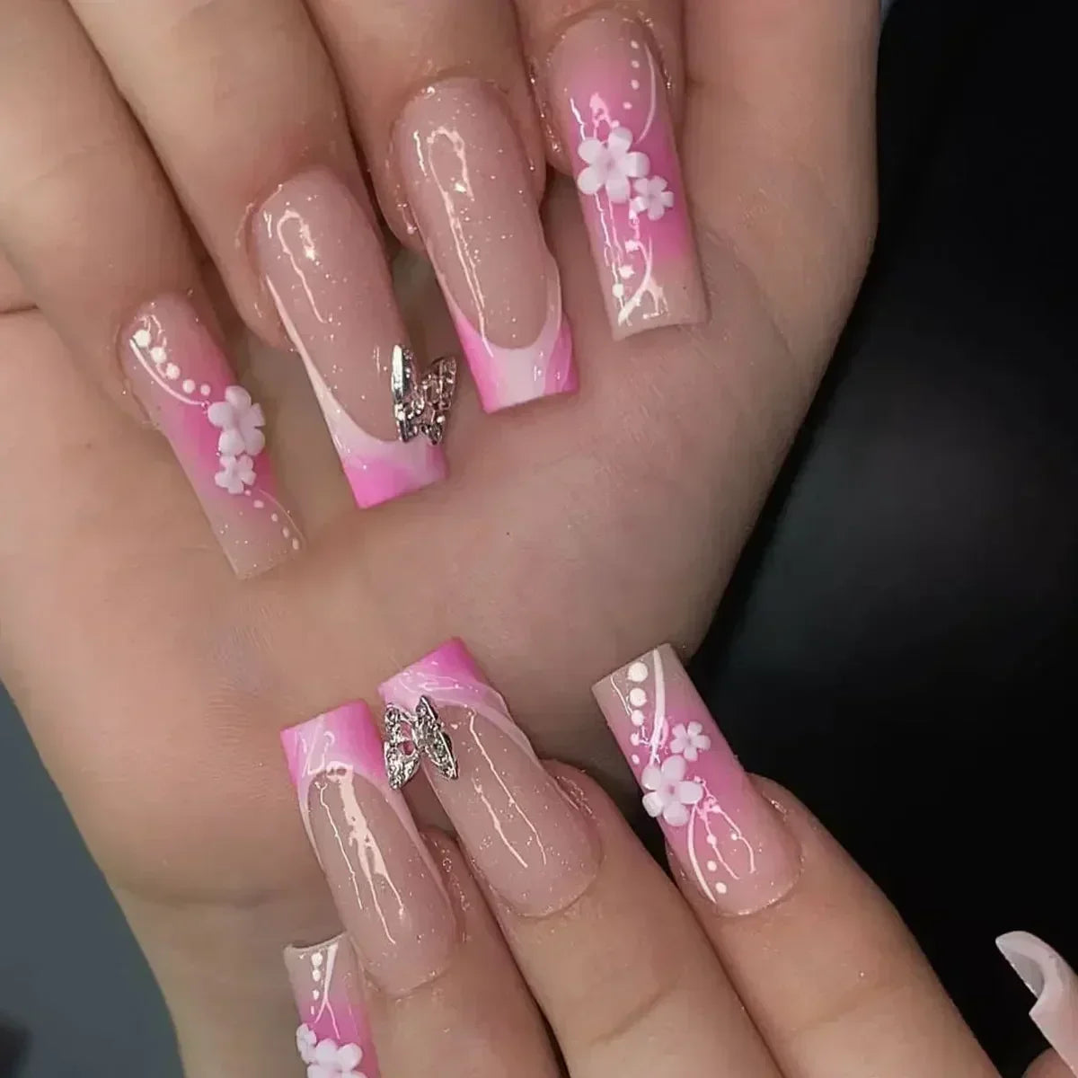 24Pcs Long Ballet French False Nails Pink Butterfly Flower with Rhinestones Wearable Fake Nails Gradient Press on Nail Tips Art