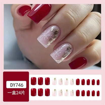 24pcs Glossy Short Ballet Fake Nails Christmas Red Press On Nails With White Snowflake Stripe Design Glitter French False Nails*