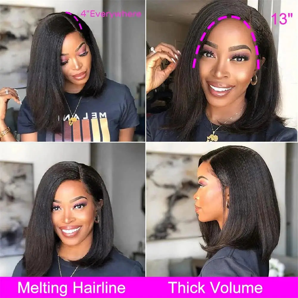 Glueless Kinky Straight Human Hair Wigs 4X4 Bob