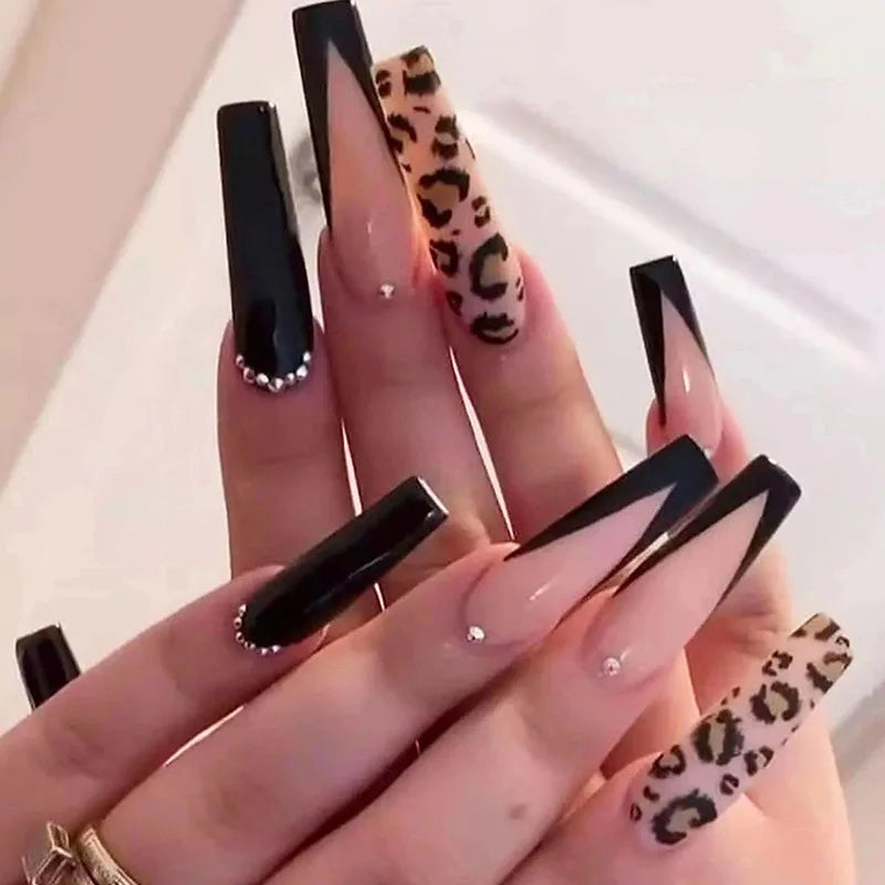 24Ps Super Long Ballet Wearable Fake Nails Blue Diamond Small Flower Press on Nail Stickers Finished Removable False Nail Pieces