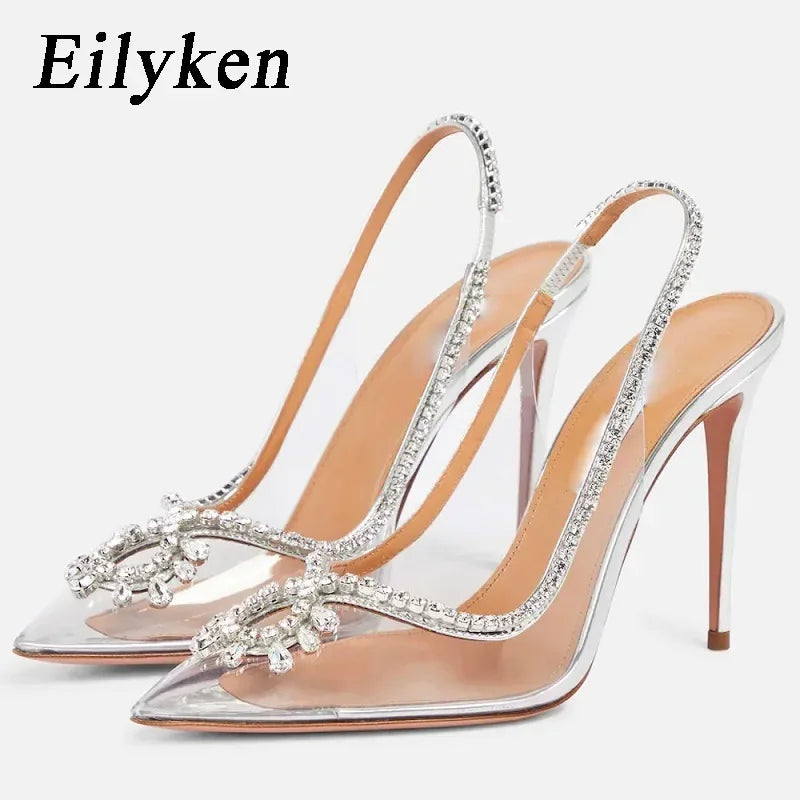 Silver Crystal PVC Transparent Women Pumps Elegant Party Wedding Thin Heels Sandals