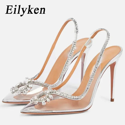 Silver Crystal PVC Transparent Women Pumps Elegant Party Wedding Thin Heels Sandals