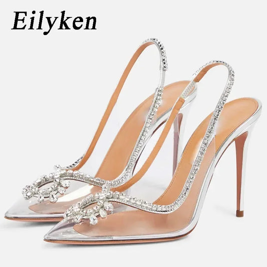 Silver Crystal PVC Transparent Women Pumps Elegant Party Wedding Thin Heels Sandals