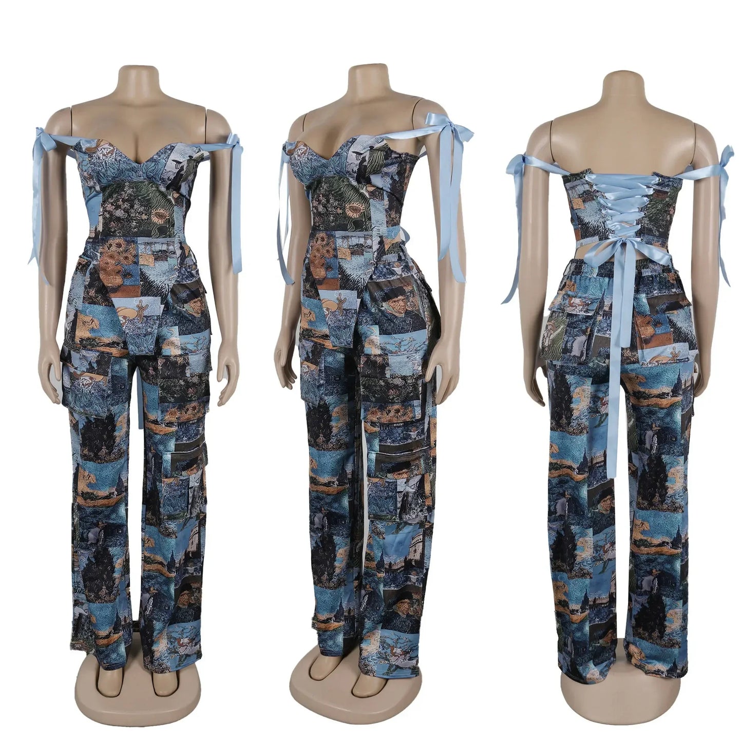 Oil Painting Printed Women's Set Lace Up Back Crop Top and Pants Suit