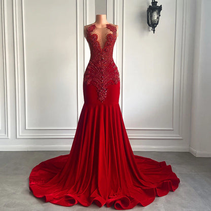Long Prom Dresses Luxury Sparkly Beaded Diamond Sexy Mermaid Sheer Top Red Velvet Prom Gala Gowns