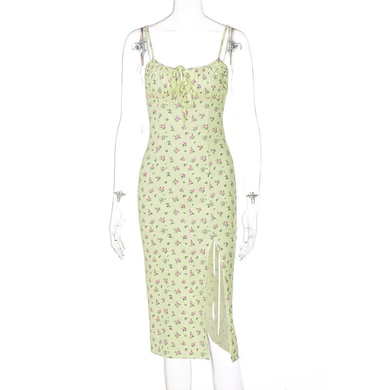 Floral Print Sexy Sleeveless Satin Slip Ruched Bandage Cut Out Maxi Dress