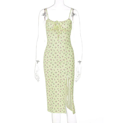 Floral Print Sexy Sleeveless Satin Slip Ruched Bandage Cut Out Maxi Dress