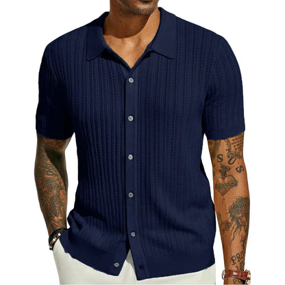 2025 New Men's Casual Tops Summer Cool Knitted Men's Shirts Short-sleeved Lapels Solid Color Hollow Breathable Clothing