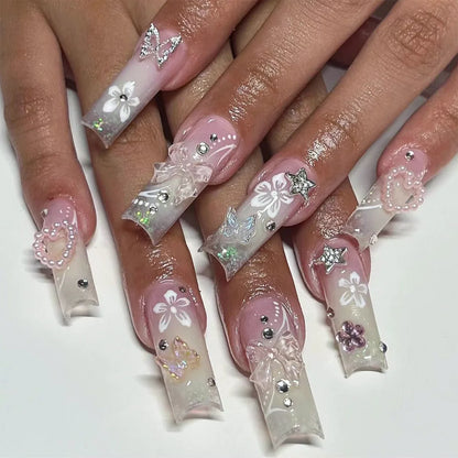 24Pcs Leopard Print Design False Nails with Bow Rhinestone Long Square Press on Nails Wearable French Ballet Fake Nail Tips