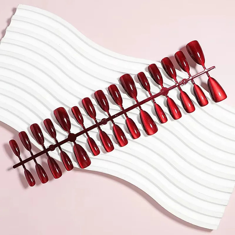 24 Pcs Medium Nails with Design Almond Red Cat Eye Stick-on