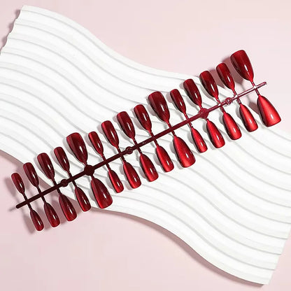 24 Pcs Medium Nails with Design Almond Red Cat Eye Stick-on