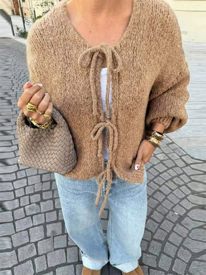 Casual Brown Lace Up Bow Knitted Cardigan O-neck Long Sleeve Sweater