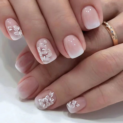 24pcs Short Square False Nails Glitter Flower Wave French Fake Nails Manicure Full Cover Detachable Nail Tips Press on Nails