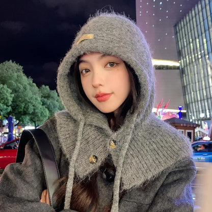 H Solid Color Hood Beanies Cycling Thickened Warm Ear Protection Straps Hat Neck Collar Scarf Cap Men Women Balaclava Caps New