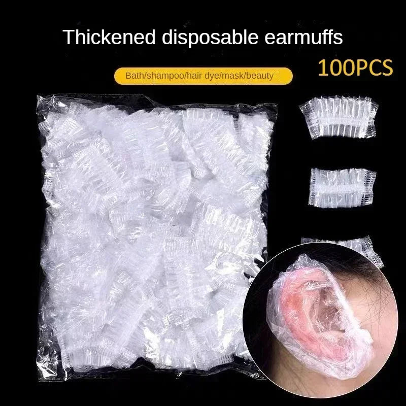 100PCS Disposable Hair Earmuff Dye Transparent Elastic Shower Hair Dye Protection Tool Shield Waterproof Earpack Plastic Wrap