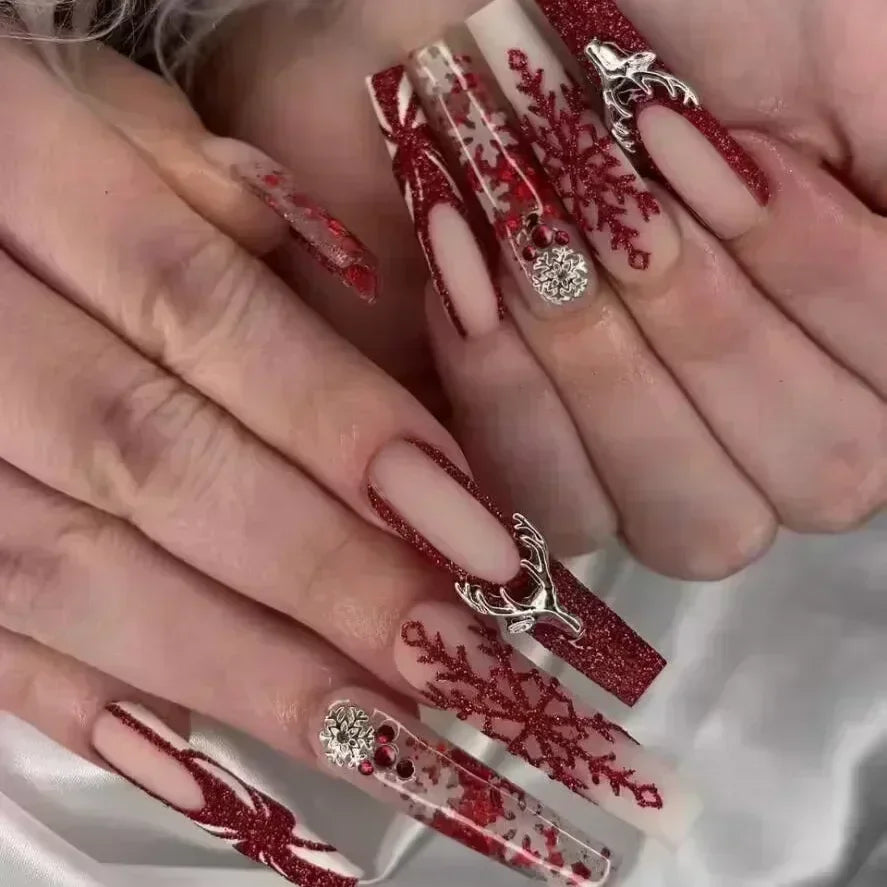 24Pcs Red Heart False Nails Long Luxury with French Design Rhinestone Wearable Fake Nail Simple Decoration Press on Nail Tips