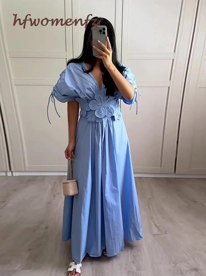 3D Flower Pleated Long Maxi Dress