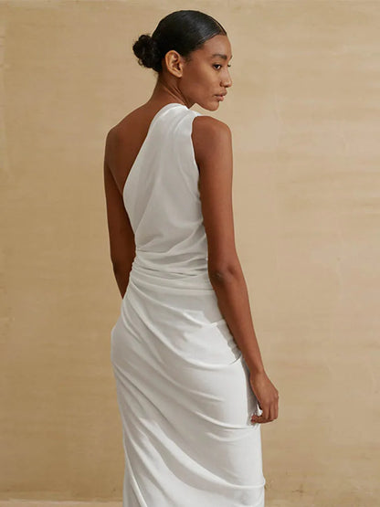 Hollow Out Women Midi Beach Dress White One Shoulder Sleeveless