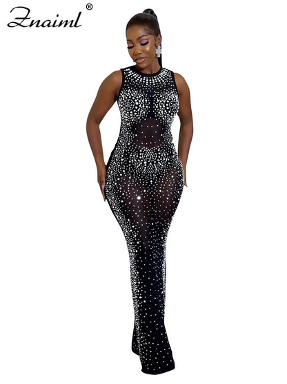 Luxury Sparkly Crystal Rhinestone Christmas Evening Bodycon Long Dress Women's Mesh See Through Birthday Night Vestidos