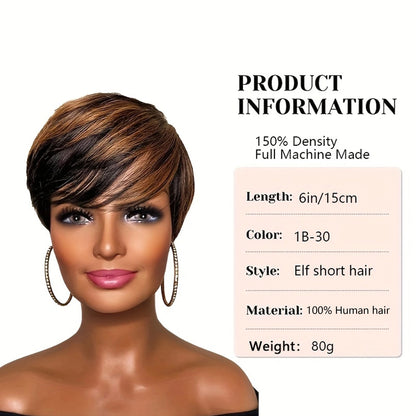 Ombre Color Short Layered Pixie Cut Human Hair Wigs With Bangs,Full Machine Made For Black Women Honey Blonde Wig 1B/27