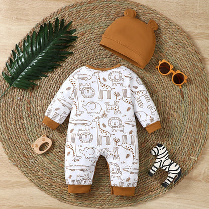 2pcs Baby boy Bodysuit Cartoon Zoo Pattern Long sleeved Bodysuit+Hat Suitable for Newborns Aged 0-9 Months