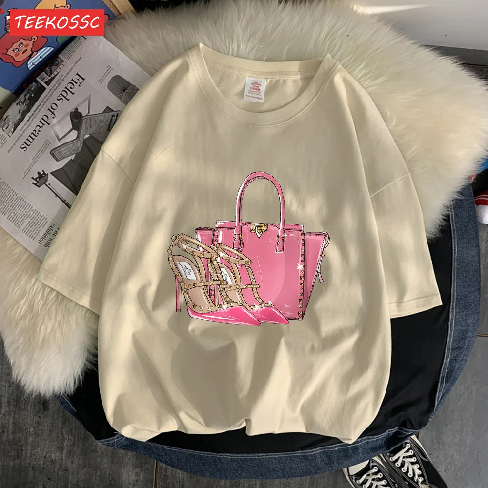Fashionable Bags And Pink High Heels Print Men Tees Graphic Art T-Shirts High-Quality Cotton Tee Shirt Cotton Loose Clothing
