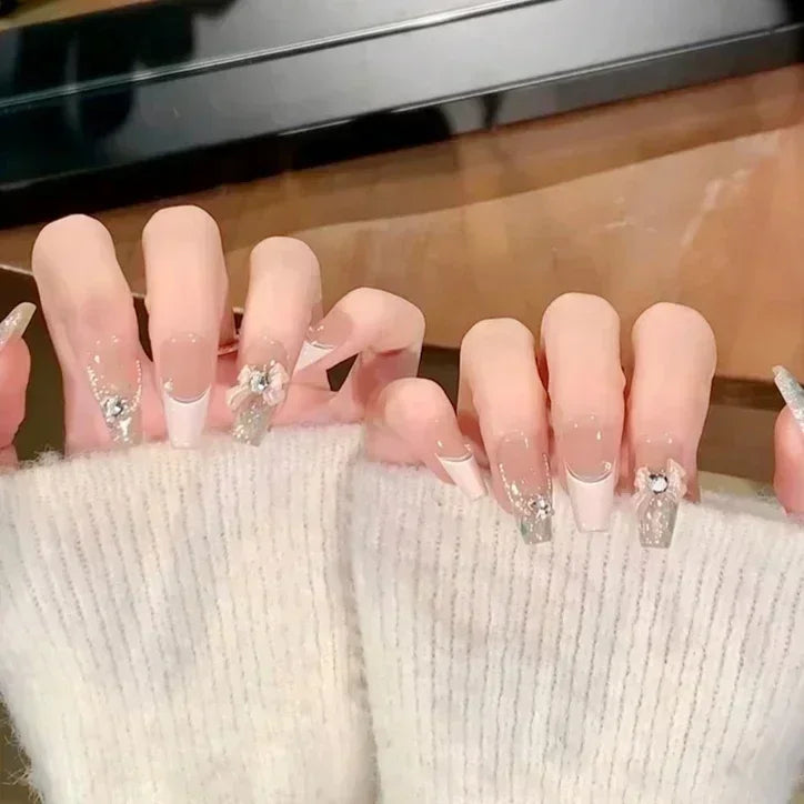 24pcs Detachable Short Press on Nails Y2k rhinestone False Nails with Glue Ballet Sweet Cool Girls Artificial False Nails Tips