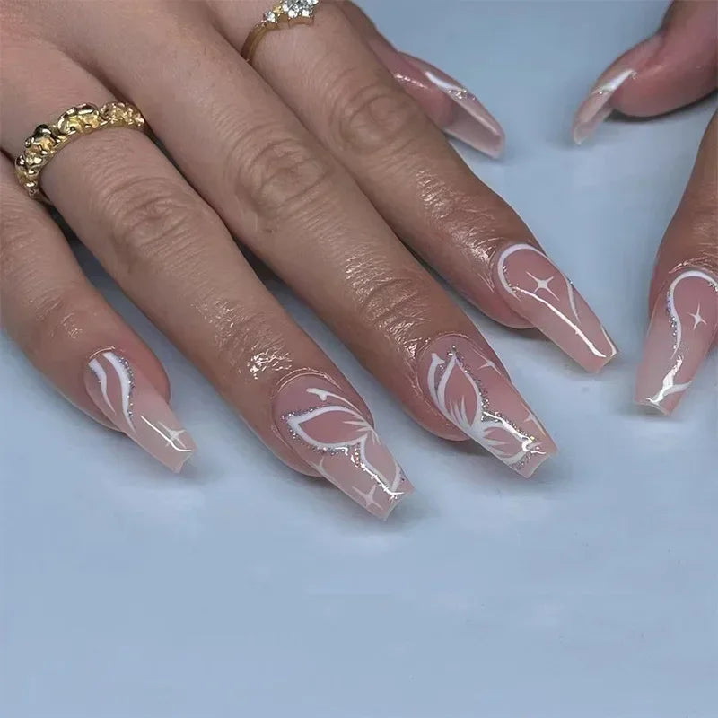 24Pcs Simple Blue French Fake Nails with Diamond Love Pattern Design False Nails Press on Mid-length Ballet Full Cover Nail Tips