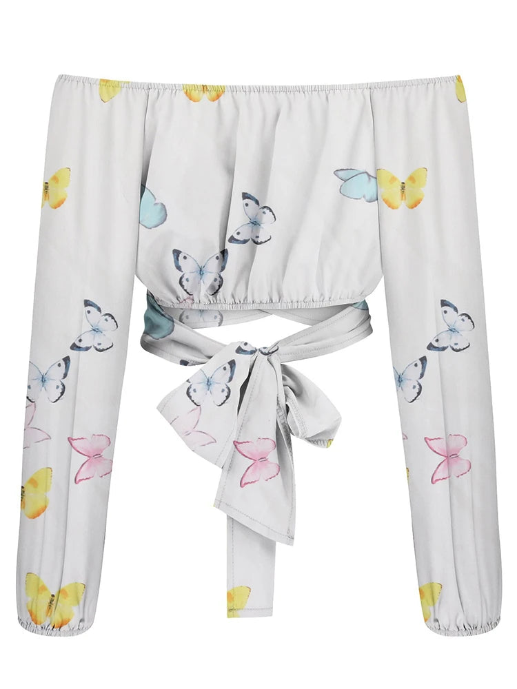 Elegant Boho Print Blouse Casual Long Lantern Sleeve Off Shoulder