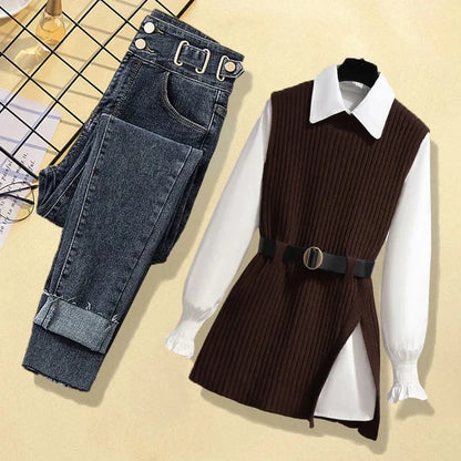 Large Autumn and Winter Suit for Women Vest Shirt Casual Slim Jeans Three Piece Set