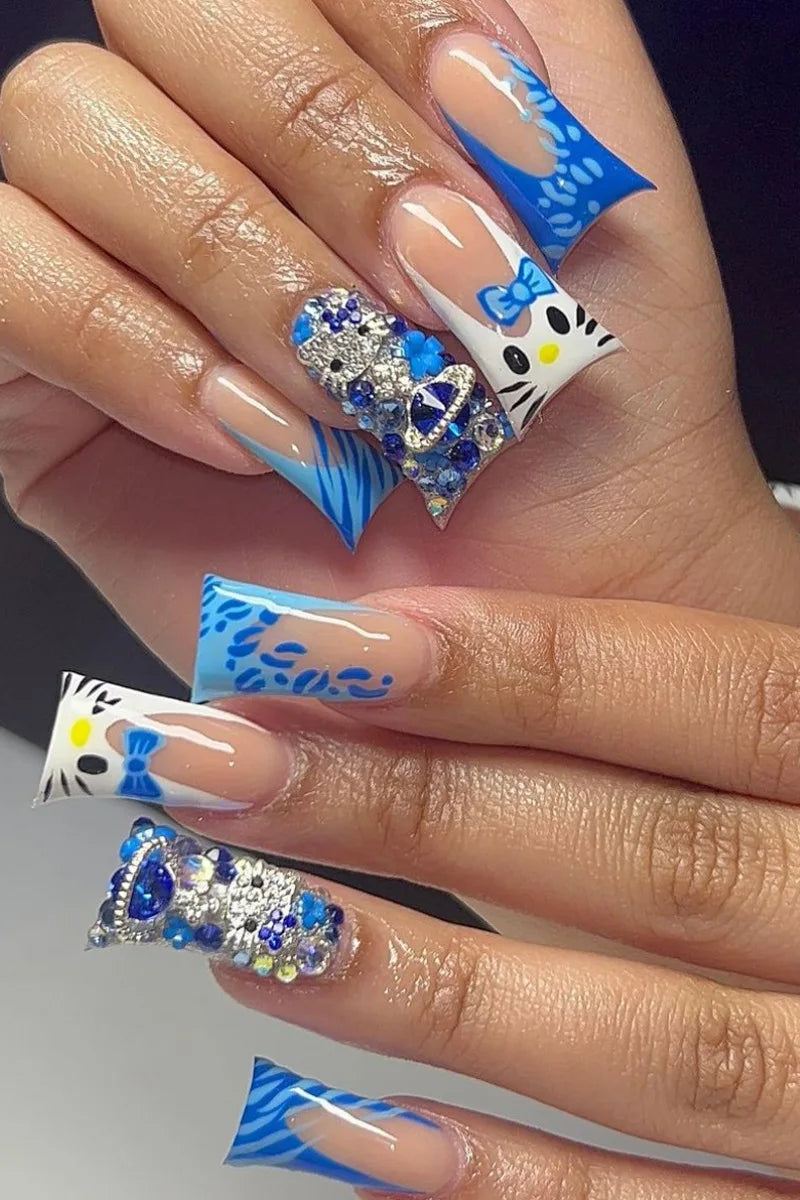 Y2K duck Press on Nails 24pcs Hellokitty Design Blue Rhinestone Decor Acrylic French Tips