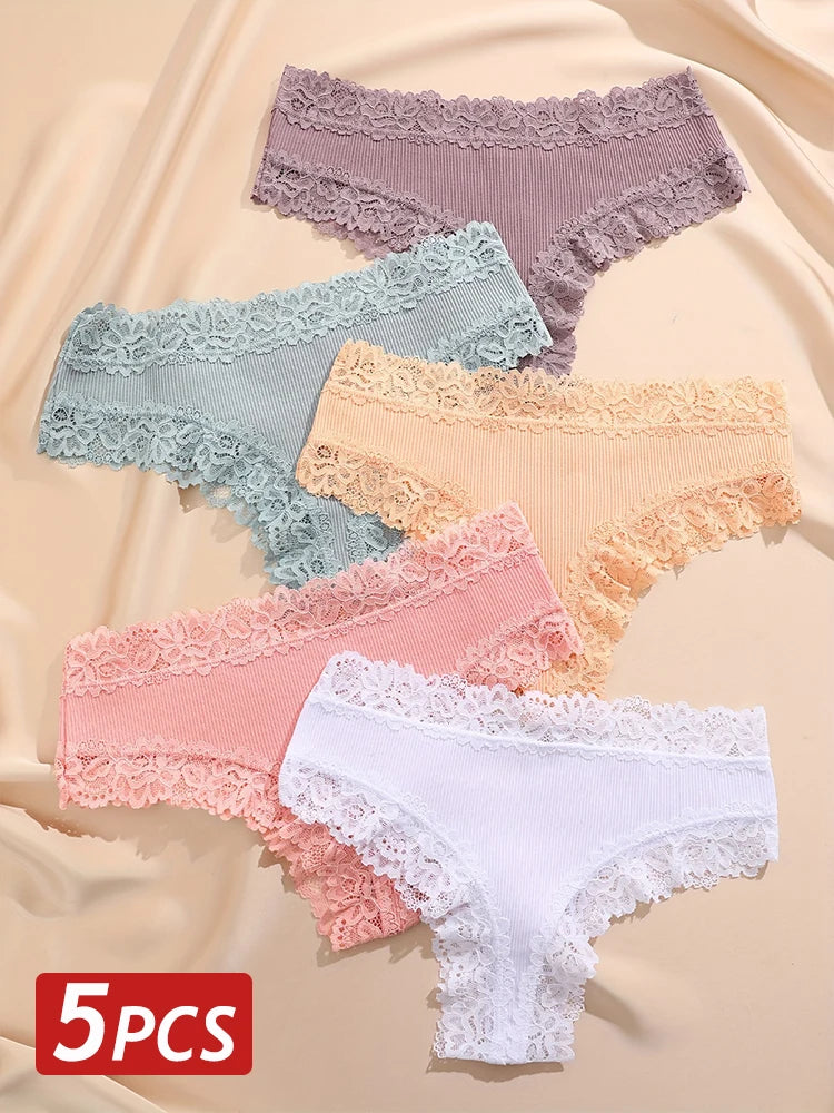 5PCS/Set Women Cotton Panties Sexy Lace Brazilian Panties Low Waist Elastic Thongs Female Comfortable Underwear Solid Color S-XL