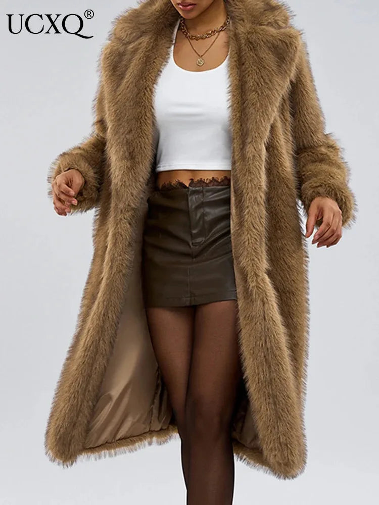 UCXQ Fashion Faux Fur Coat European Style Lapel All Match Covered Button Loose Casual Long Women's Coats New Winter 23C2945