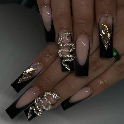 24Pcs Coffin False Nails with Butterfly Design Long Ballet Fake Nails Black French Press on Nails Wearable Manicure Nail Tips